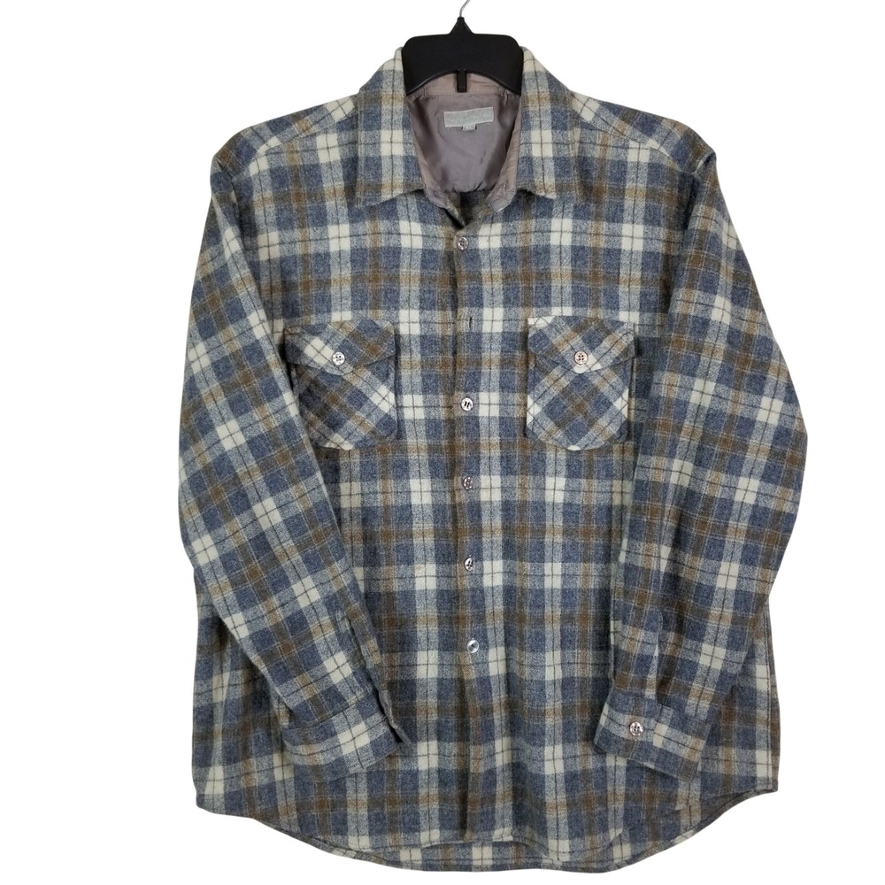 Career Club Flannel Shirt Mens XL Blue Plaid Vintage Wool Blend Long Sleeve